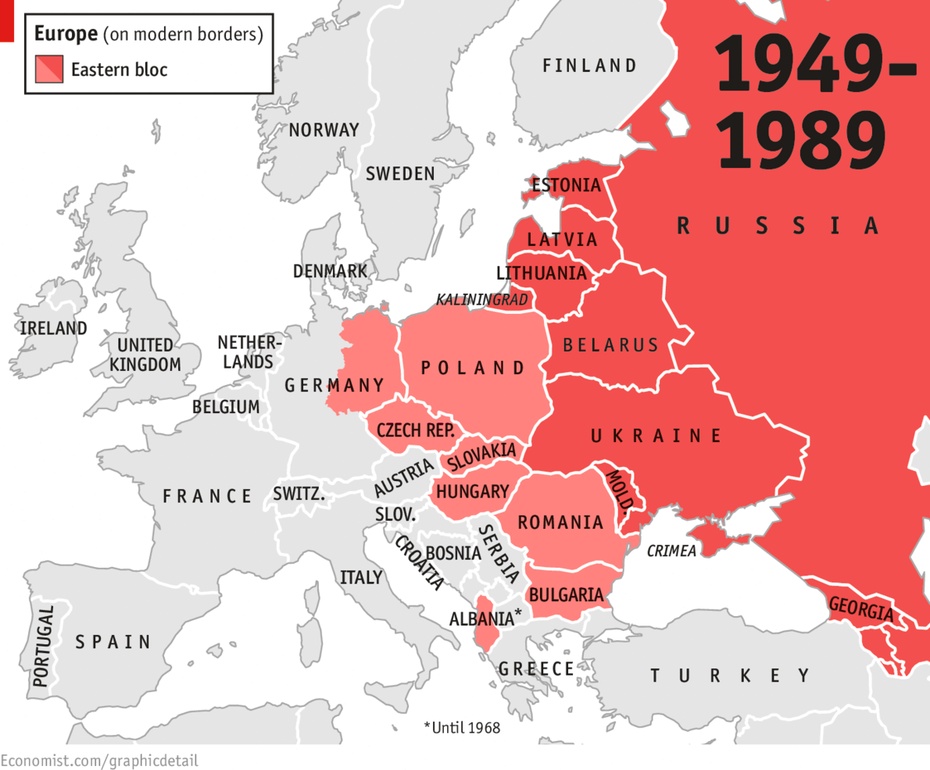 3,1949年至1989年,冷战时期,苏联领土向东欧扩展,通过华沙条约.