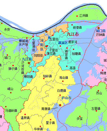 根据上面提供的庐山区行政图, 新的行政区划如图, 牯岭镇中的四个虚线